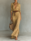 Abito Maxi Lungo con Collo a Revers Cintura inclusa