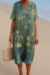 ALMONDE | Abito Blu e Verde con Motivo Floreale