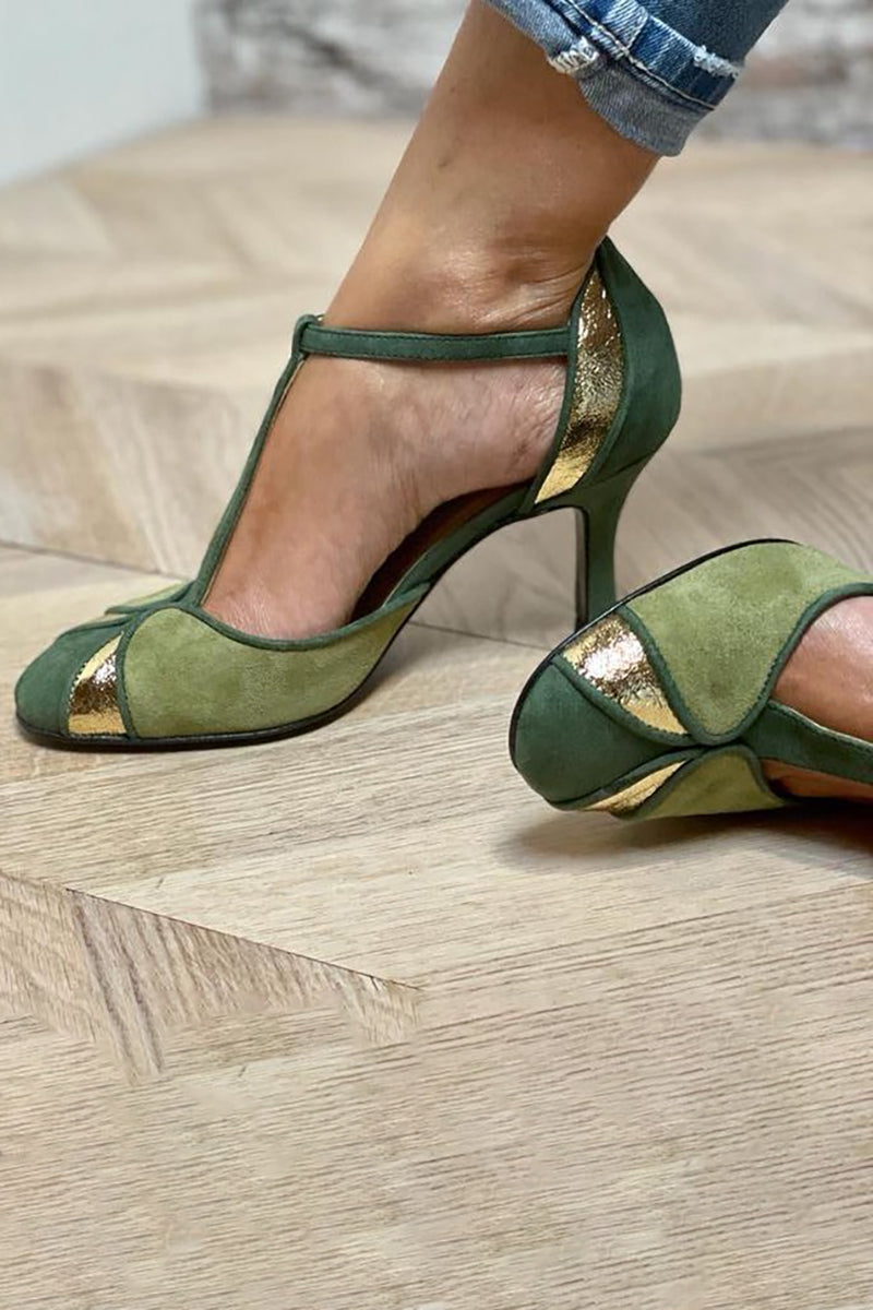 Taviana | Scarpe con tacco patchwork, cinturino a T e punta chiusa